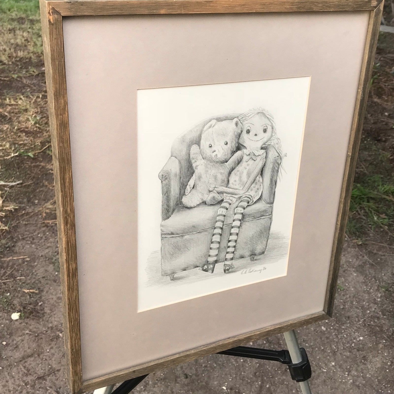 EDGAR HOLLOWAY Original 1984 MODERN VINTAGE Girl & Bear PENCIL DRAWING Signed Item image 4