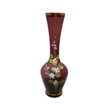 Vintage 8&quot; Czech Bohemian Purple Amethyst Handmade Bud Vase Enamel 3D Flowers  - £41.82 GBP