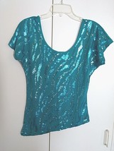 DEB LADIES SS TEAL KNIT RAYON/POLY SEQUINNED TOP-S-WORN COUPLE TIMES-WID... - £6.80 GBP