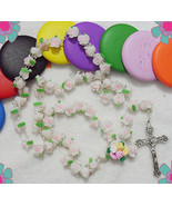 Mothers Day Gift- Catholic ROSARY-WHITE Rose Flower Ceramic bead with a ... - £12.11 GBP