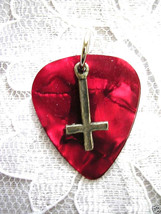 Inverted Satanic Cross on Blood Red Guitar Pick Pendant Adjustable Necklace - $6.99 CAD