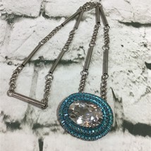 Pendant Statement Necklace Teal Oval Large Rhinestone Silver Toned Chain - £15.71 GBP