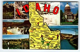 Postcard Idaho Map Chrome State Stanley Lake Hells Canyon Sun Valley Snake River - £5.99 GBP