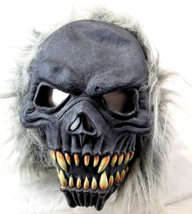 Halloween Mask Skull Gray w Fangs Gray Hair Fur Yellow Fangs Skeleton La... - $7.82