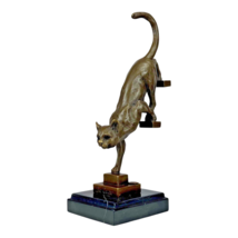 Cat Descending the Stairs Real Bronze Statue on Natural Marble Base - £104.09 GBP