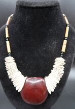 Vtg Puka Shell Statement Necklace w/ Red Gourd Center Bead Tribal Look 14" - $24.99