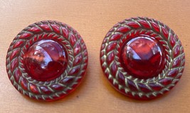 Vintage Italy Clip on Earrings Marbled Red Gold Lucite Acrylic? Button S... - $180.04 MXN
