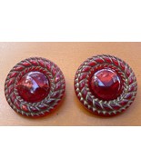 Vintage Italy Clip on Earrings Marbled Red Gold Lucite Acrylic? Button S... - $180.04 MXN