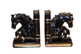 Vintage Black Gold Horse Ceramic Bookends Japan Pen Holders Decor Redwar... - $228.89 MXN