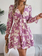 Tied Ruffled Printed Long Sleeve Dress - $54.95