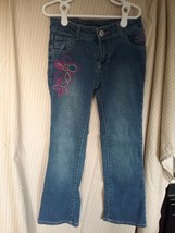 Girl&#39;s Faded Glory Relaxed Fit Jeans Size 7 with Pink Floral Embroidery - $5.00