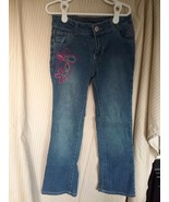 Girl&#39;s Faded Glory Relaxed Fit Jeans Size 7 with Pink Floral Embroidery - $5.00
