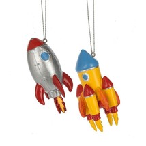 SET OF 2 ROCKET SHIP ORNAMENTS 3&quot; Resin Retro Outer Space Sci Fi Christm... - £15.91 GBP