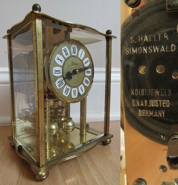 Primary image for vintage carriage clock S. HALLER SIMONSWALD brass GERMANY glass sides HAND WIND