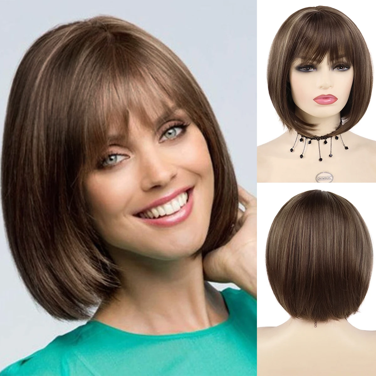 GNIMEGIL Synthetic Hair Short Wig for White Women Bobs Hairstyle Fashion Bangs - £24.04 GBP