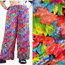 VTG Floral Baggy Wide Leg Pant Elastic Waist Floral Watercolor Rayon OSFM - £37.33 GBP