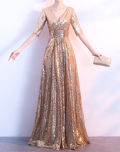 Gold Long Sequin Dress Gowns Women Half Sleeve Plus Size Sequin Dress
