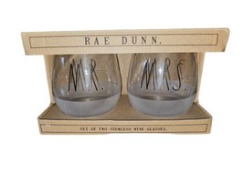 NEW Rae Dunn Mr. Mrs.  Set/2 Stemless Wine Glasses Clear with Frosted Bottom - £13.62 GBP