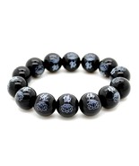 BLACK AGATE WRIST MALA w LOTUS 14mm Buddhist Prayer Bead Stone Stretch B... - $9.95