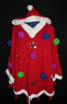 Holiday Time Women&#39;s Red Hooded Christmas Poncho Bells Pom Poms Size M (... - $16.87