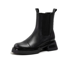 Women Genuine Leather Ankle Boots Thick Med Heel Chelsea Boots Round Toe Fashion - £114.74 GBP