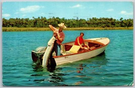 Salt Water Fishing Florida FL Boat Fisherman Hauls In Big Tarpon Fish Postcard - £6.25 GBP