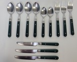 12 Piece Viners Forrest Hunter Green Plastic Handle Flatware Vintage For... - $18.80