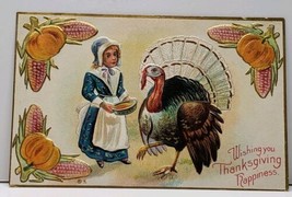 Thanksgiving Happiness Pilgrim Girl Corn Pumpkins Turkey Embossed Postcard F12 - £6.37 GBP