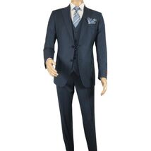Men Suit BERLUSCONI Turkey 100% Italian Wool Super 180's 3pc Vested #Ber18 Blue image 2