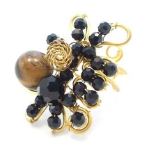 Amazing Tigers Eye &amp; Black Bead Cluster on Brass Statement Ring - £8.28 GBP