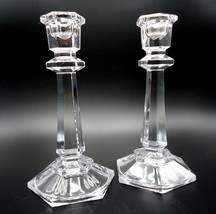 Set 2 Candlestick Holders Crystal Clear Glass Hexagonal Design 7 inches ... - $18.69