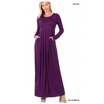 Long Sleeve Maxi Dress   Pleated with Side Pockets - Dark Purple - $35.25