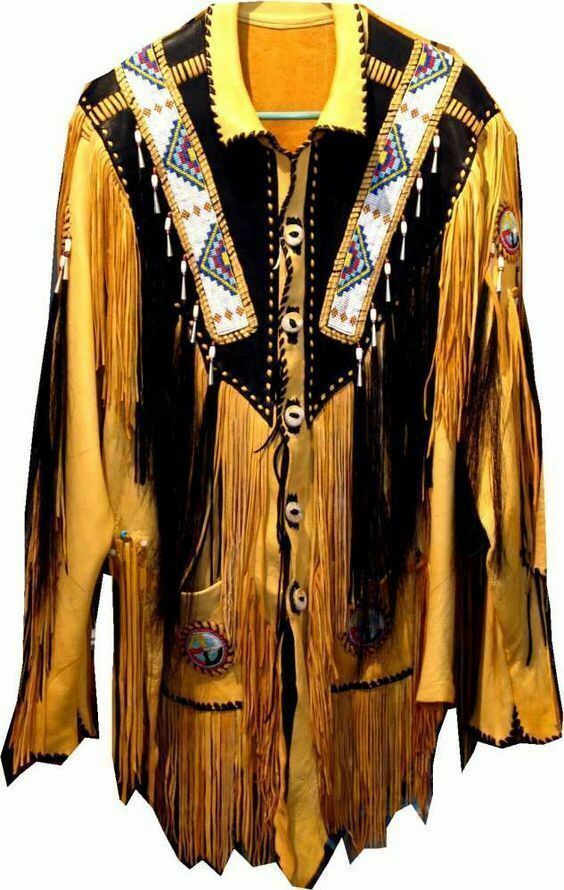 Men Two Tone Yellow Black Cont Western Fringed Bead Patches Suede Leather Jacket