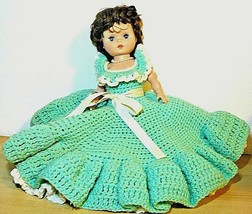 Vintage HONG KONG sleepy Blue Eyes Doll in Green White Crochet Dress 12&quot; - $21.78