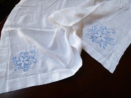 White Cotton hand made Blue Flower Embroidery Accent Tea Table Cloth 43&quot;... - £20.50 GBP