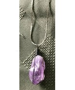 Amethyst Nugget Wire wrapped pendant Necklace Silver tone bail Rough cut - $9.90