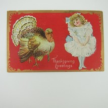 Thanksgiving Postcard Wild Turkey Girl White Dress Red &amp; Gold Embossed Antique - £7.81 GBP