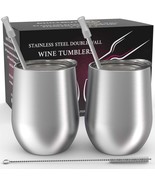 Stainless Steel Wine Tumblers 2 Pack 12 oz Double Wall Vacuum Insulated ... - £32.50 GBP