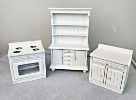 Dollhouse Miniature White Country Kitchen Set Stove Tall Cupboard Small Cabinet - £17.58 GBP
