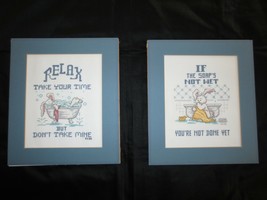 2 WHIMSICAL BUNNY BATHROOM SAYINGS Cross Stitch WALL HANGINGS  - 9.5&quot; x ... - $14.85