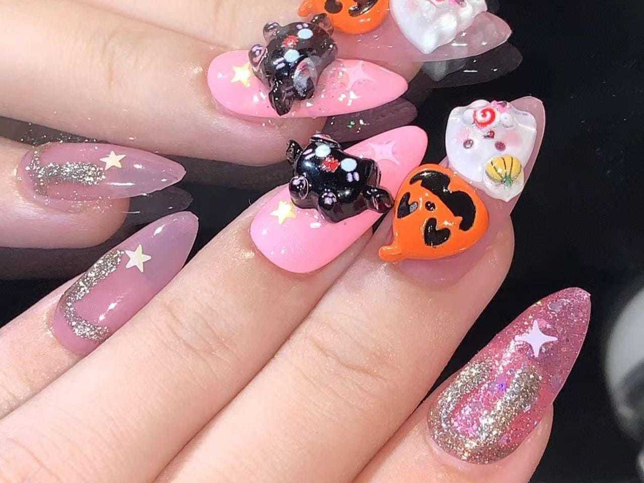3D Halloween Kawaii Press-On Nails – Pink Stars, Glitter, and Cute Spook... - $24.99