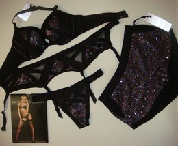 Victoria&#39;s Secret 34B,34C Bra Set+Garter+Thong+Shorts Black Sequin Fashion Show - $296.99