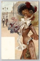 Victorian Woman Fancy Dress And Hat Dapper Men Admiring Lovely Lady Post... - $14.95