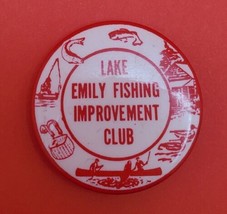 LAKE EMILY Wisconsin Fishing Improvement Club Vintage Pin Button Red &amp; White - $19.60