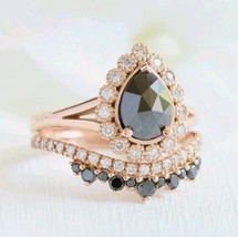 2Ct Pear Cut Black Spinel Halo Trio Engagement Ring Set 14K Rose Gold Plated - £147.76 GBP
