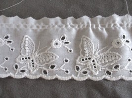 Vintage Embroidered Cotton White Eyelet Lace Butterfly Design 5 1/4 yds. - $10.75
