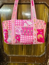 Pink Patch Quilted Duffle Tote Shoulder Bag Cotton Grocery Shopping Duff... - $33.43+