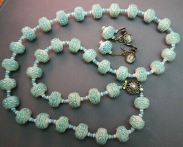 Vtg Plastic Necklace Earrings Set Blue Mint Green Strand White 27&quot; Dangl... - £31.96 GBP