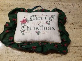 Vintage Handmade Christmas Cross Stitch Pillow Merry Christmas Red Green Ruffle - £15.73 GBP