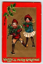 Christmas Postcard Boy Girl K Gassaway Tuck Crimson And Gold Series 501 - £23.82 GBP